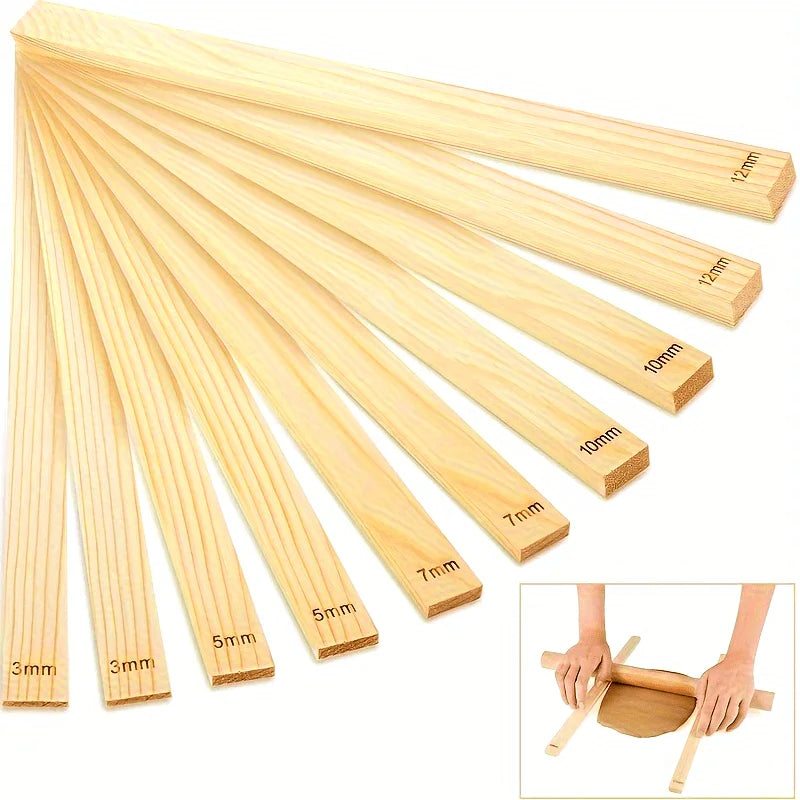 Wooden Clay Rolling Pin Guides – 10-Piece Thickness Strips, 5 Sizes Clay Crafting Tools Axl 10pcs