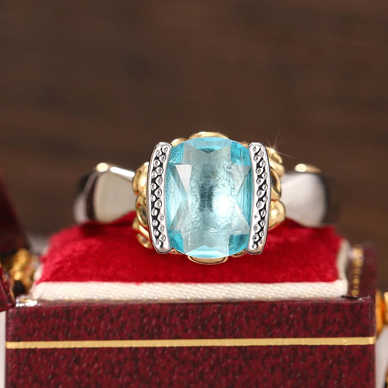 Huitan Blue CZ Two-Tone Triangular Band Ring for Women Fashion Ring Axl