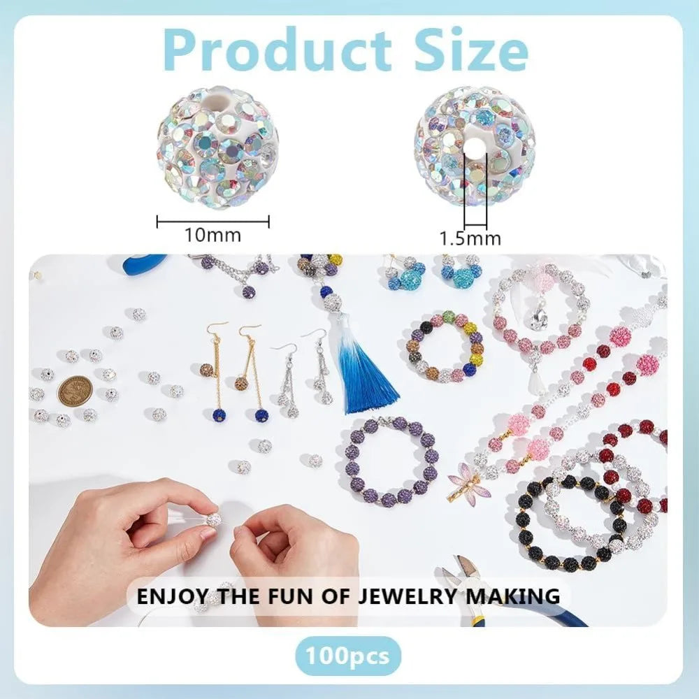 100 Pcs 10mm AB Rhinestone Pavé Clay Disco Ball Beads Jewelry Making Beads Axl