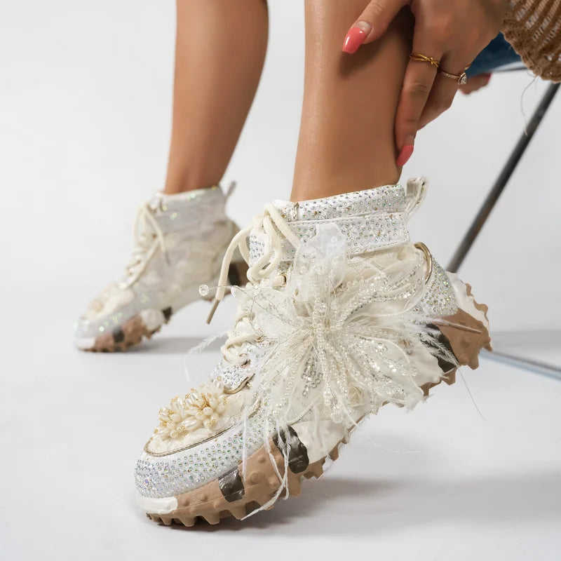 Women's Rhinestone Knitted High-Top Sneaker Boots Thick Sole High-Top Sneaker Boots Axl