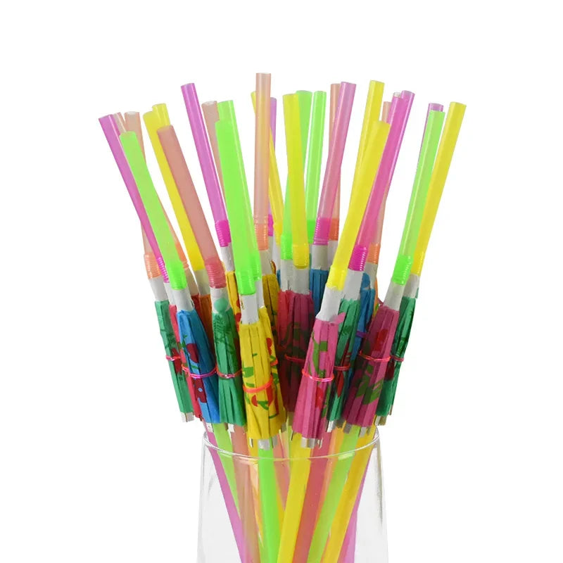 Cocktail Umbrella Straws – Fluorescent Hawaiian Party Decor Disposable Party Straws Axl