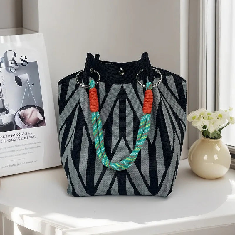Women's Knit Bucket Handbag – Floral Fabric & Metal Clasp Bucket Handbag Axl black grey diamond