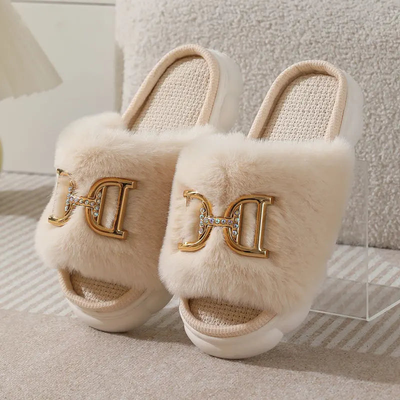 Women's Fluffy Fur Slides Buckle Decor Faux Fur Slippers Fluffy Fur Slides Axl Khaki 42-43