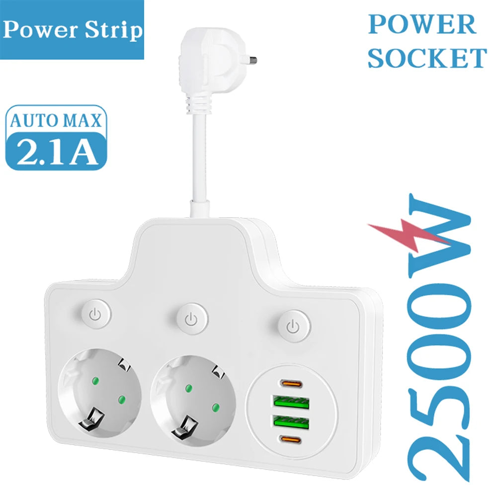 6-in-1 Wall Power Strip – 2 AC Outlets & 4 USB Ports, 2500W Wall Power Strip Axl White EU Plug