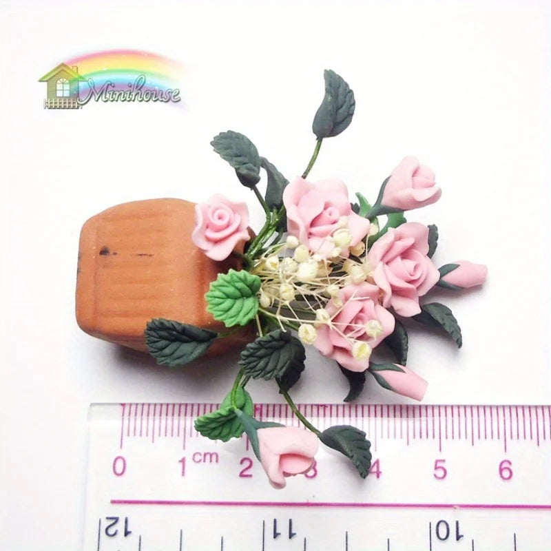 1/12 Scale Mini Clay Rose Potted Plant | Dollhouse Miniature Dollhouse Miniature Axl