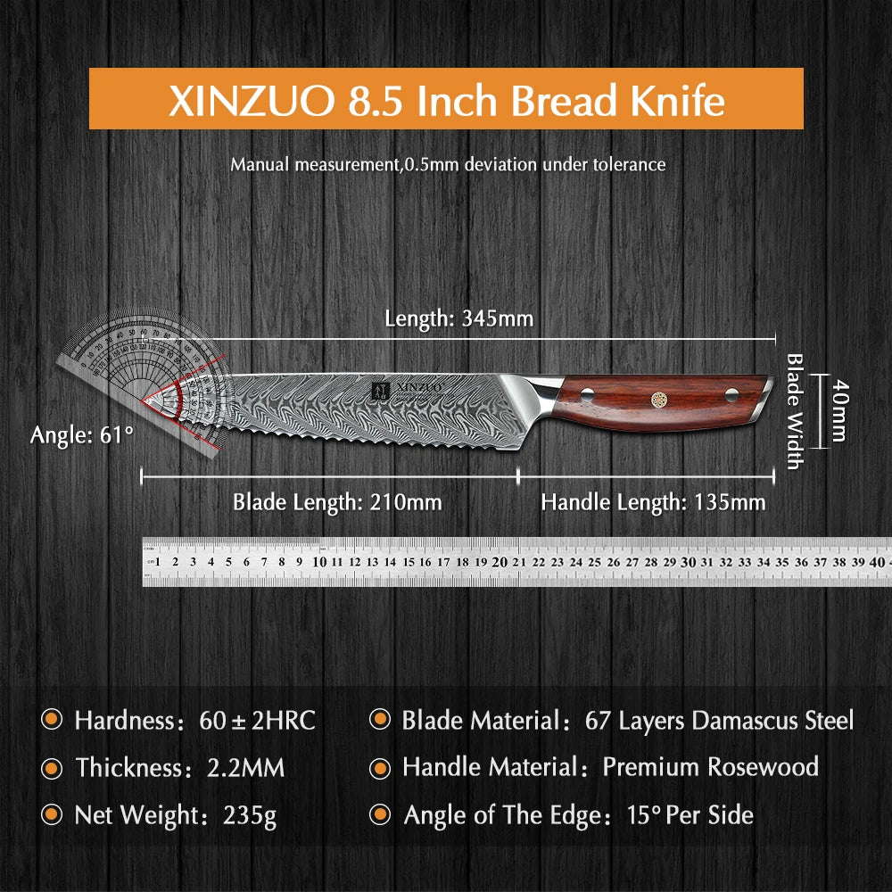 XINZUO 8.5" Damascus Serrated Bread Knife – Rosewood Handle Damascus Bread Knife Axl