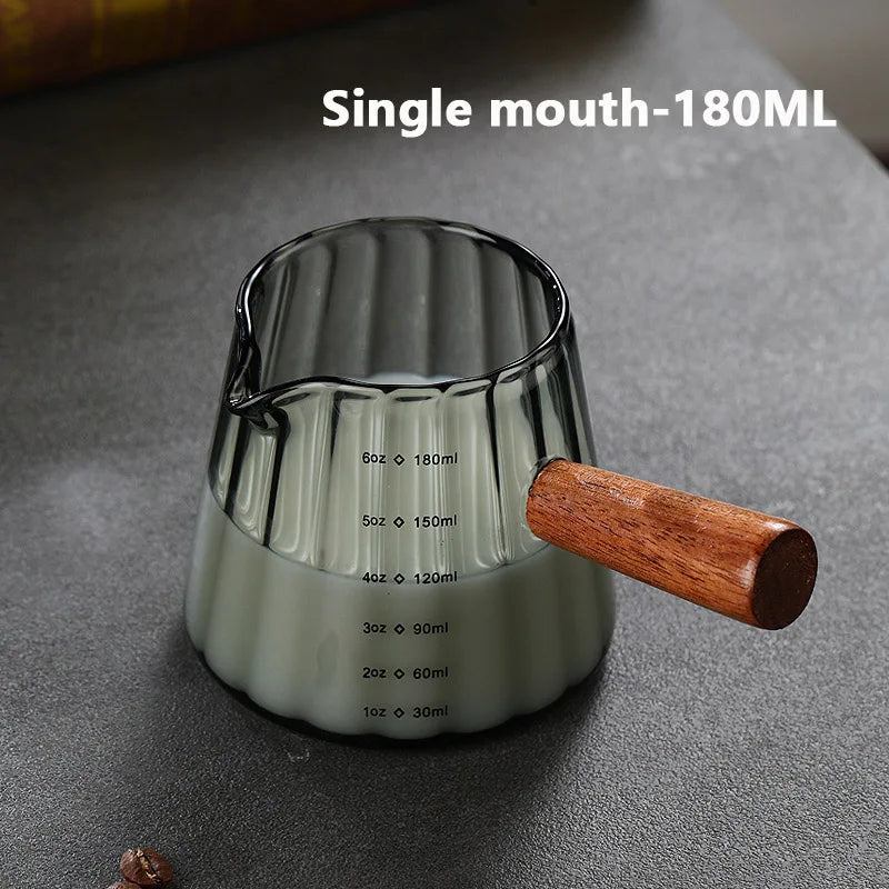 KEMORELA Wooden Handle Glass Milk Pitcher 90/120/180ml Glass Milk Pitcher Axl Single mouth-180ML 1 90ml-180ML