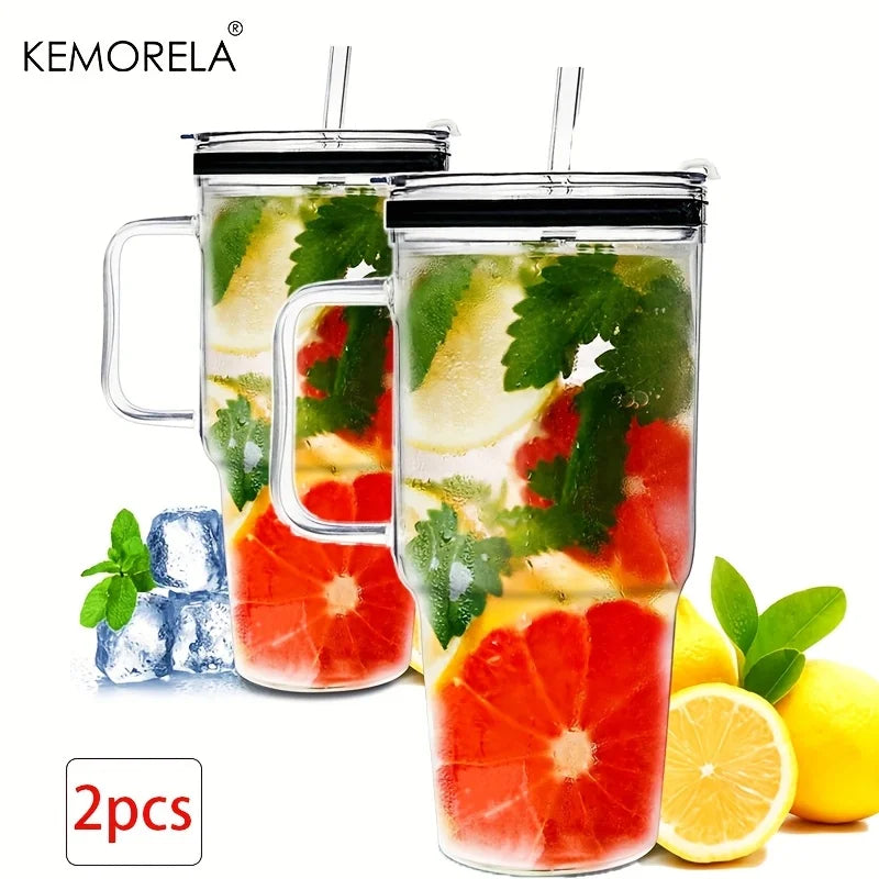 KEMORELA 40oz Glass Tumbler with Handle, Lid & Straw | 1–2 Pack Glass Tumbler Axl 2pcs >1L