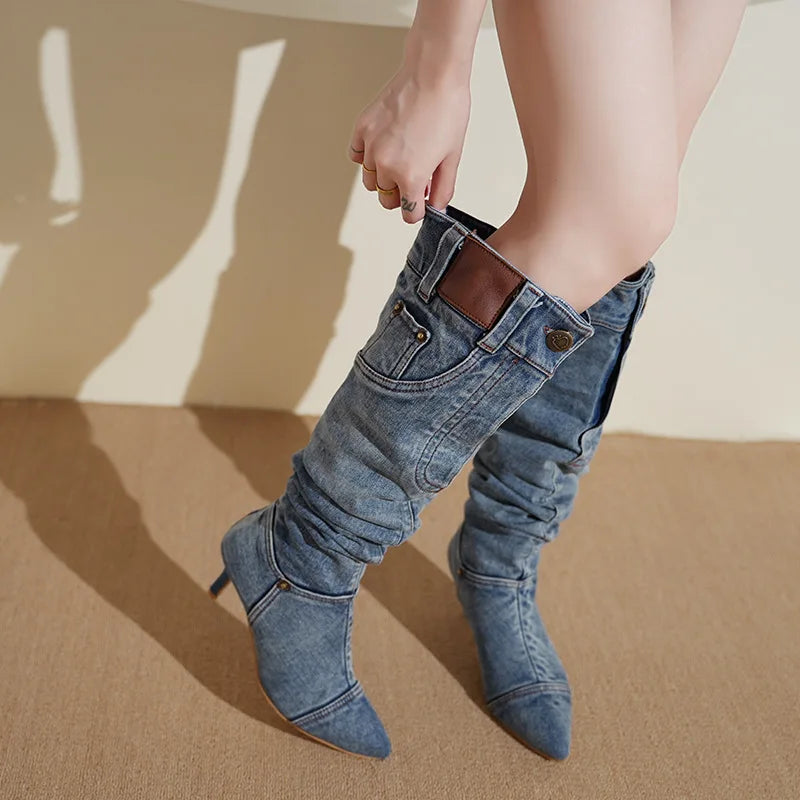Women's Pointed Toe Knee-High Boots | Retro Slim Heel Slip-On Knee-High Boots Axl Blue 36