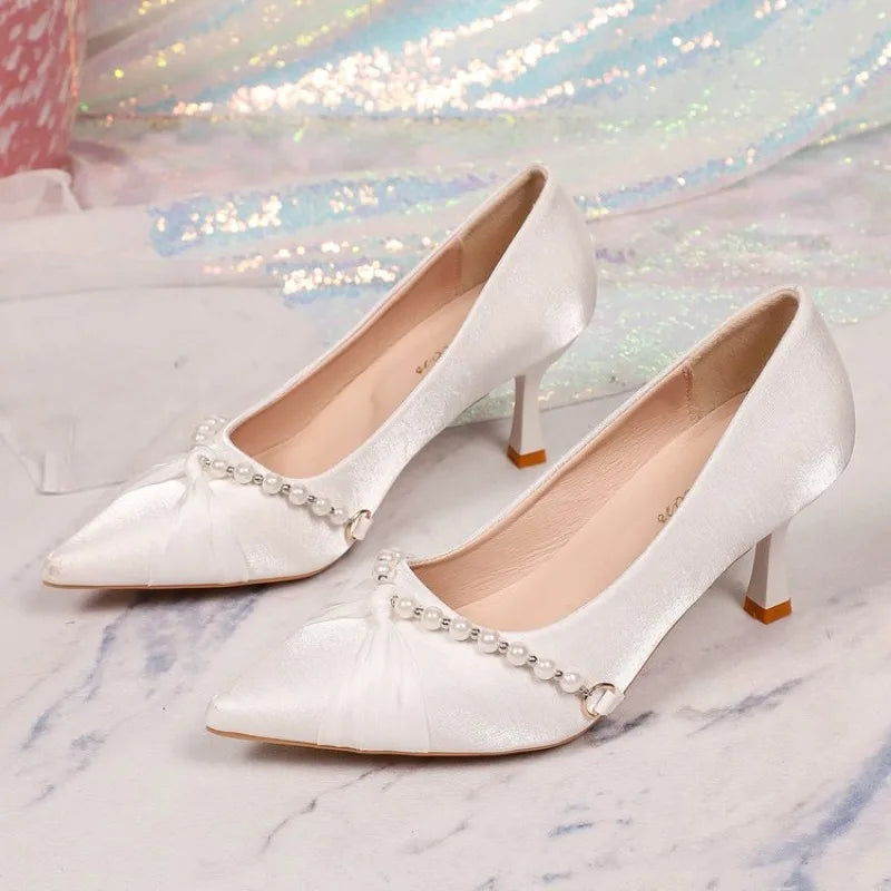 Pearl Chain High Heel Wedding Pumps | Ribbon Bow Slip-On High Heel Pumps Axl