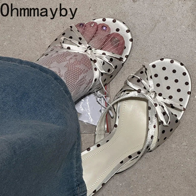 Satin Butterfly-Knot Women's Slippers – Polka Dot Block Heels Block Heel Slippers Axl