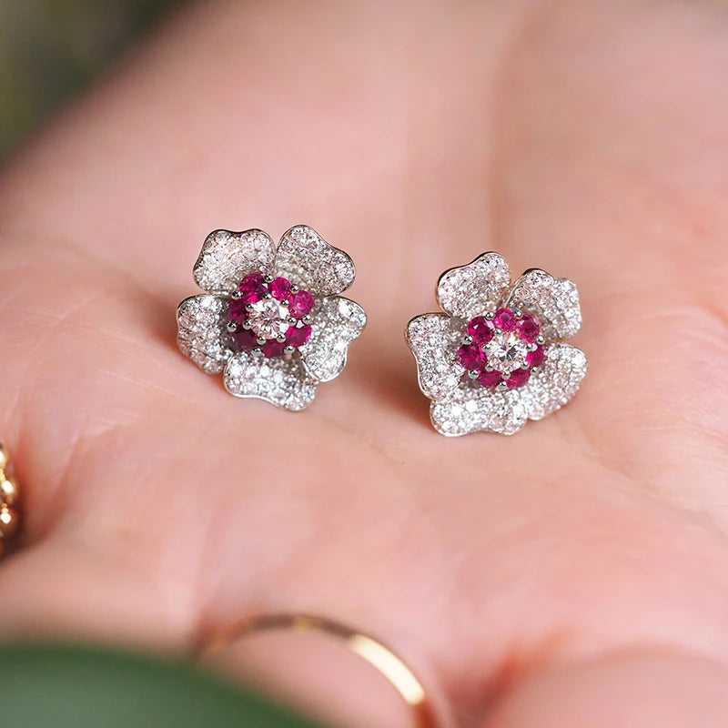 Huitan Red Flower Stud Earrings – Cubic Zirconia Women's Studs Stud Earrings Axl