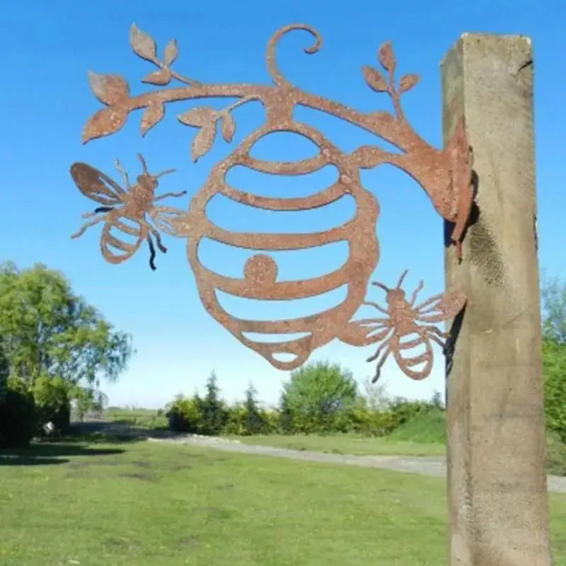 Metal Honeycomb Bee Garden Stake – Iron Art Outdoor Décor Garden Art Stake Axl