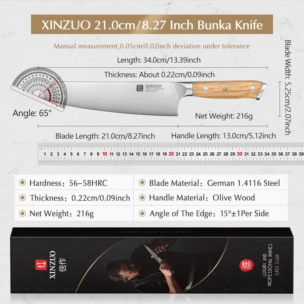 XINZUO 8.27" Bunka Chef Knife – German Steel & Olive Wood Chef Knife Axl