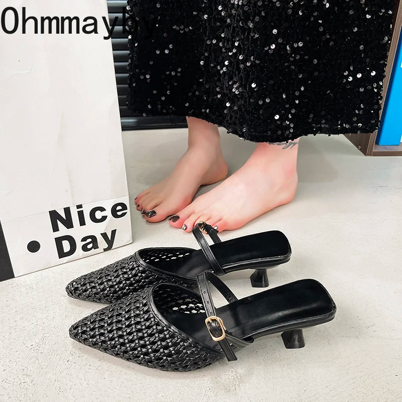 Women's Hollow Weave High Heel Mules – Square Heel Dress Slides High Heel Mules Axl