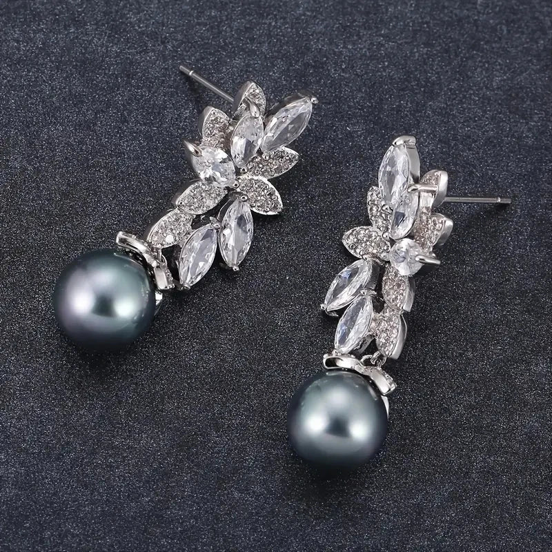 Huitan CZ Pearl Leaf Dangle Earrings | Colorful Statement Jewelry Dangle Earrings Axl