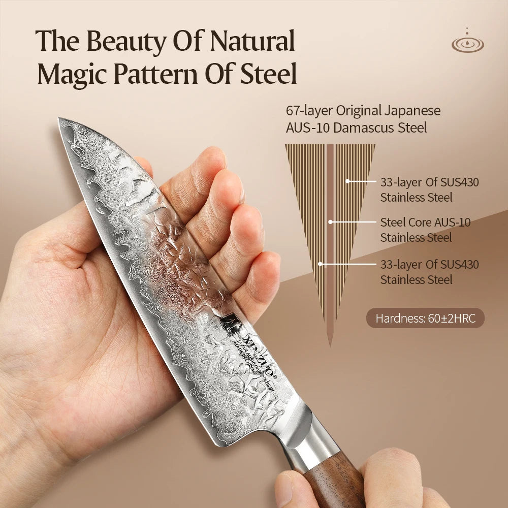 XINZUO 5.5" AUS10 Damascus Steel Santoku Knife – Jiang Series Santoku Kitchen Knife Axl