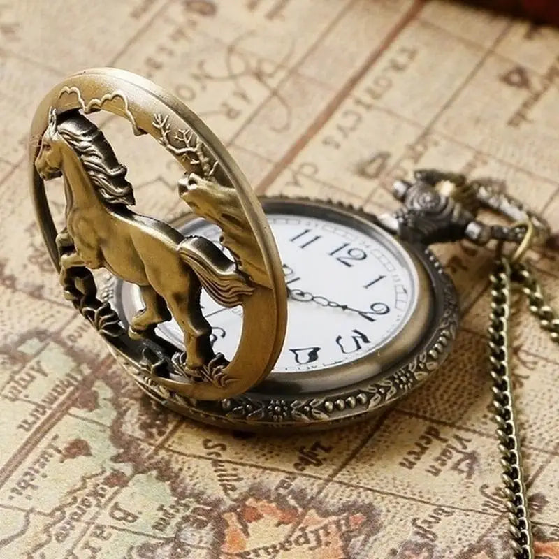 Retro Bronze Pocket Watch Quartz Flip Cover & Necklace Pendant Pocket Watch Axl