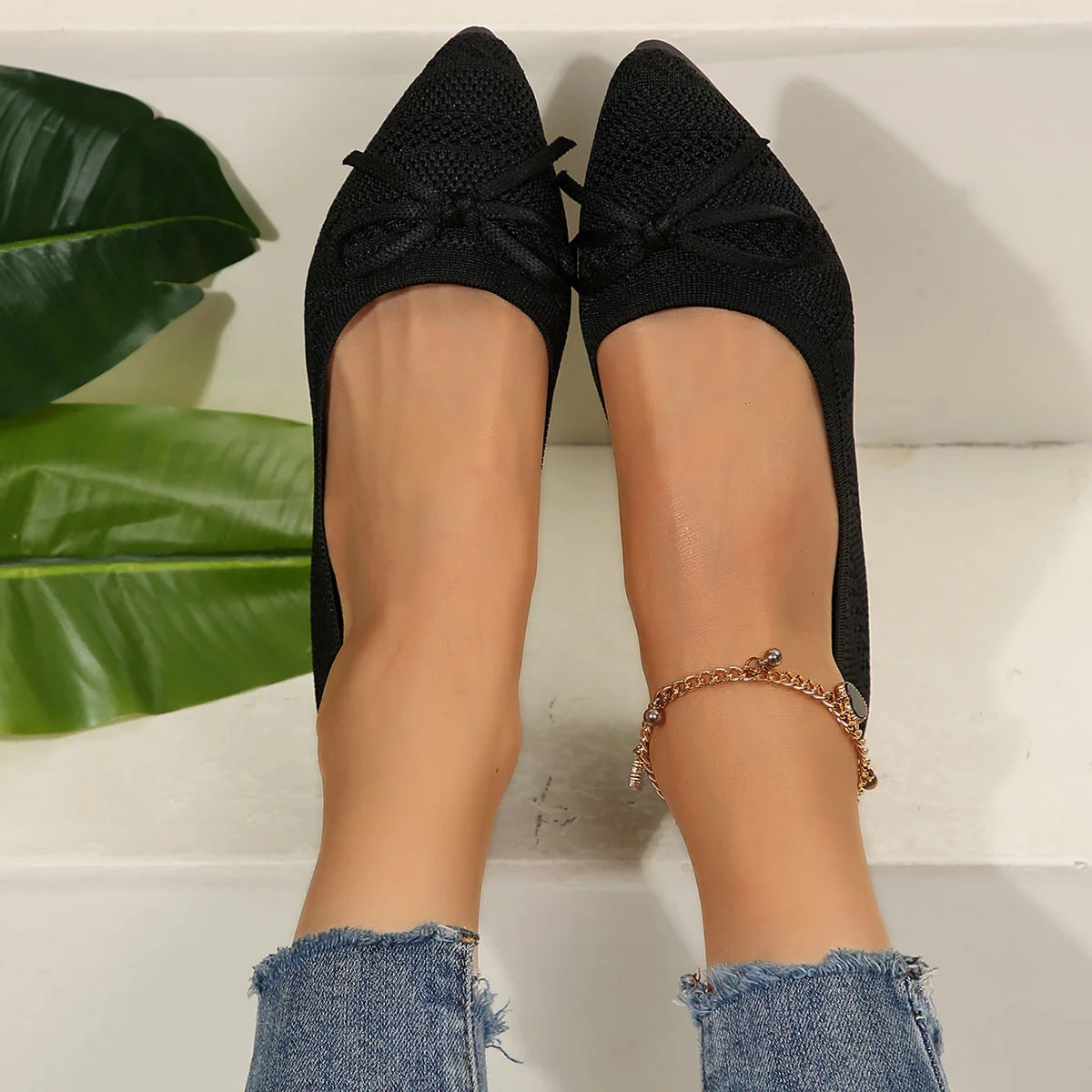 Women's Pointed Toe Knit Bow Flats – Sizes US 5–14 | YBQJOO Women's Flat Shoes Axl Black 36