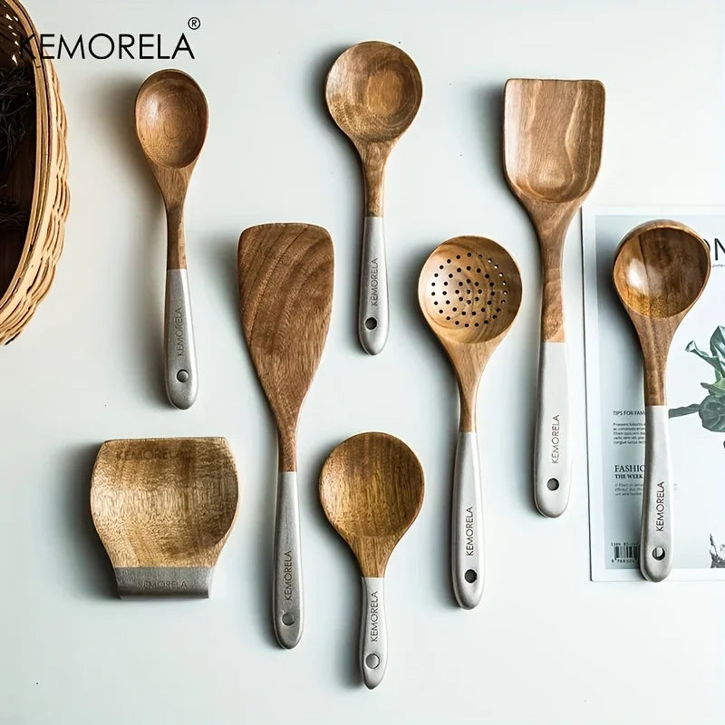 KEMORELA 9-Piece Acacia Wood Cooking Utensils Set with Holder Wooden Utensil Set Axl