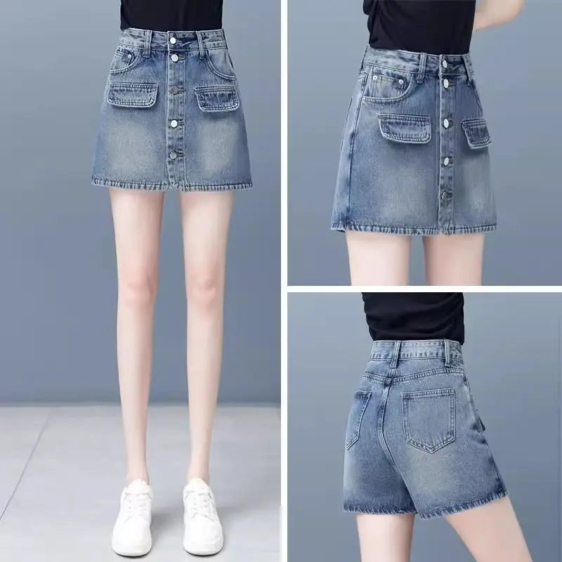 Women's Denim Mini Cargo Skirt – Button Fly A-Line with Pockets Denim Mini Skirt Axl