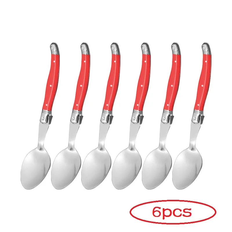 6-Piece Laguiole Stainless Steel Cutlery Set – Spoons & Forks Flatware Cutlery Set Axl red spoon