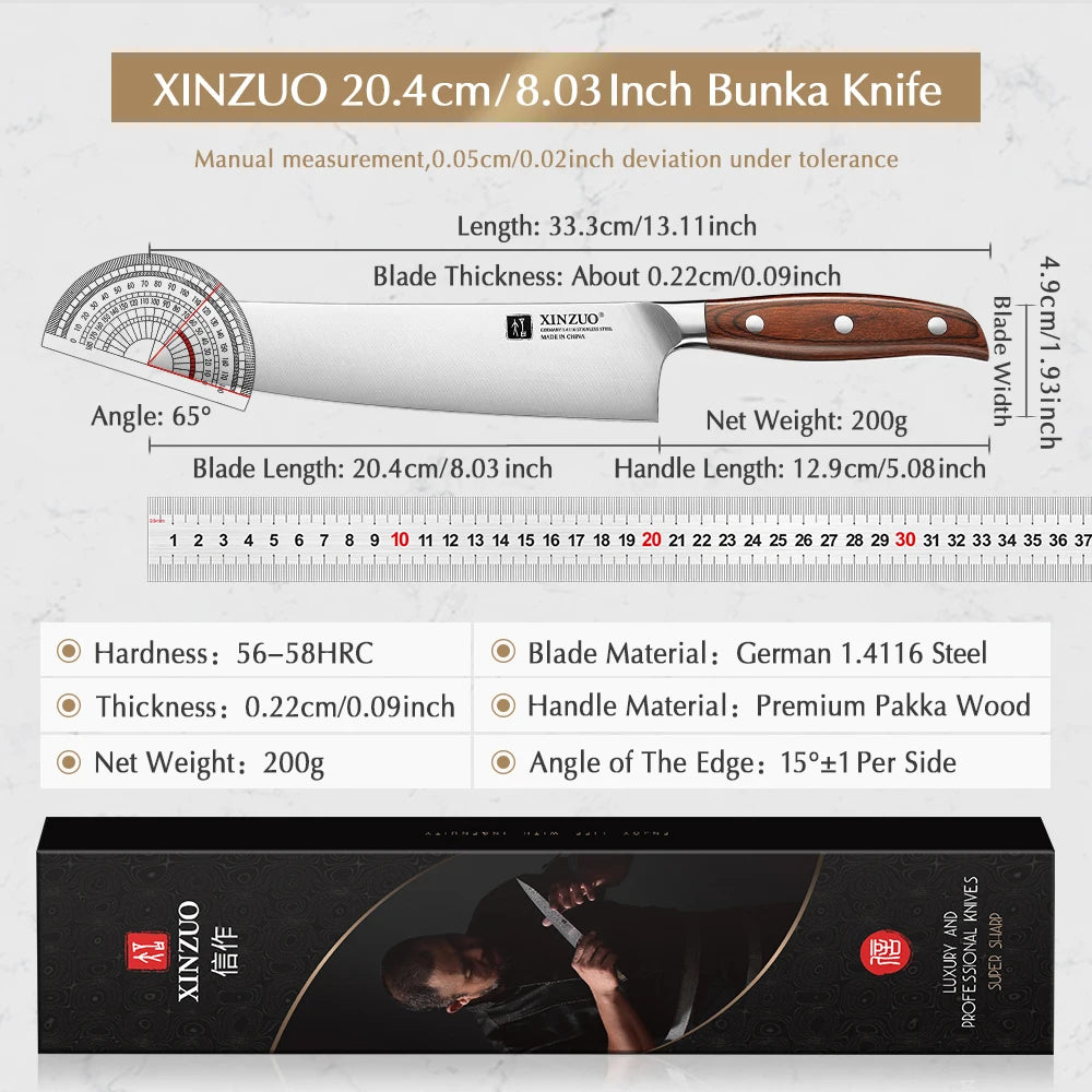 XINZUO 8" Bunka Knife – German Steel, Pakka Wood Handle Bunka Kitchen Knife Axl