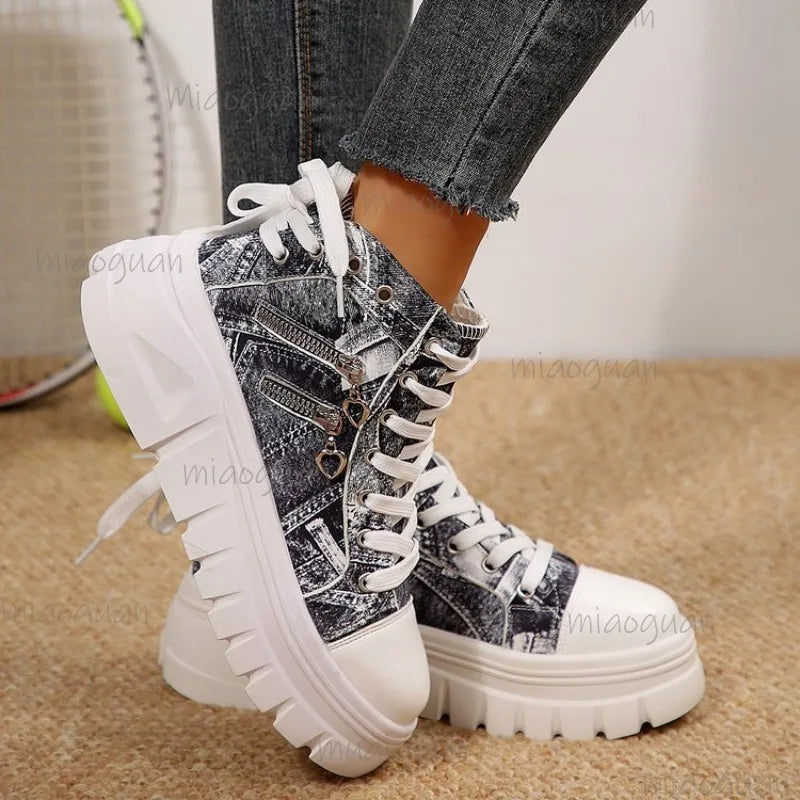 Women's Canvas Denim High-Top Sneakers – Thick Platform Sole Canvas High-Top Sneakers Axl