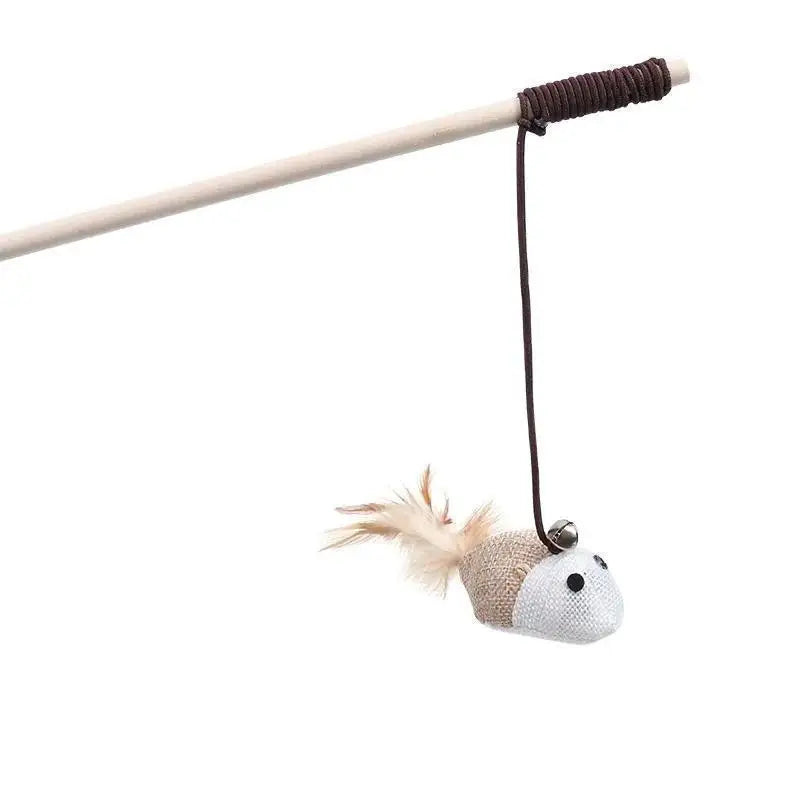 Mouse Shape Wooden Cat Teaser Wand with Feather & Bell Cat Teaser Wand Axl