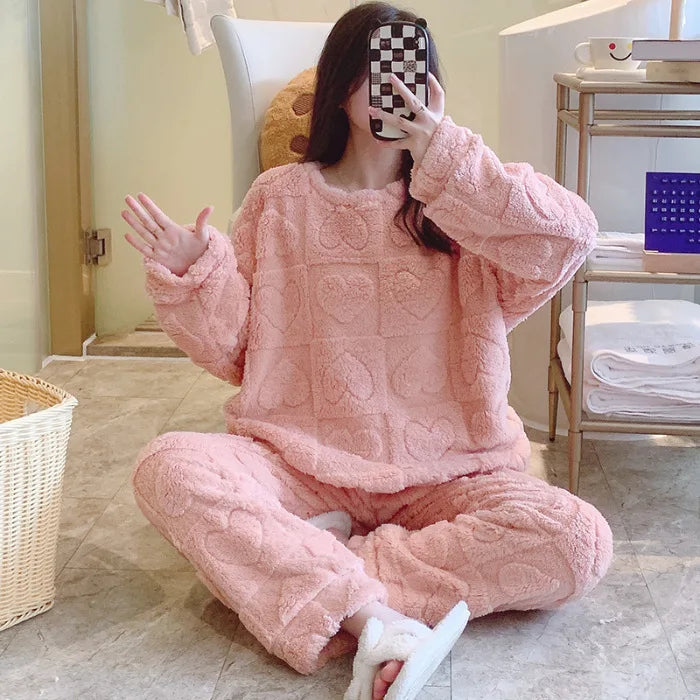Women's Oversized Coral Fleece Pajamas Set – Plus Size 5XL Fleece Pajamas Set Axl 2646 light orange 3XL Fits 80-90kg