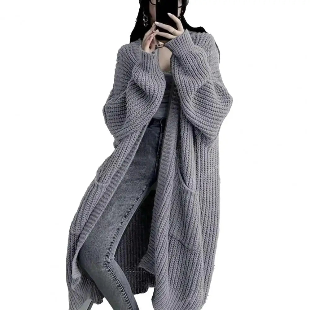 Women's Open Front Long Knit Cardigan Coat with Pockets Knit Cardigan Coat Axl Light Grey XXXL