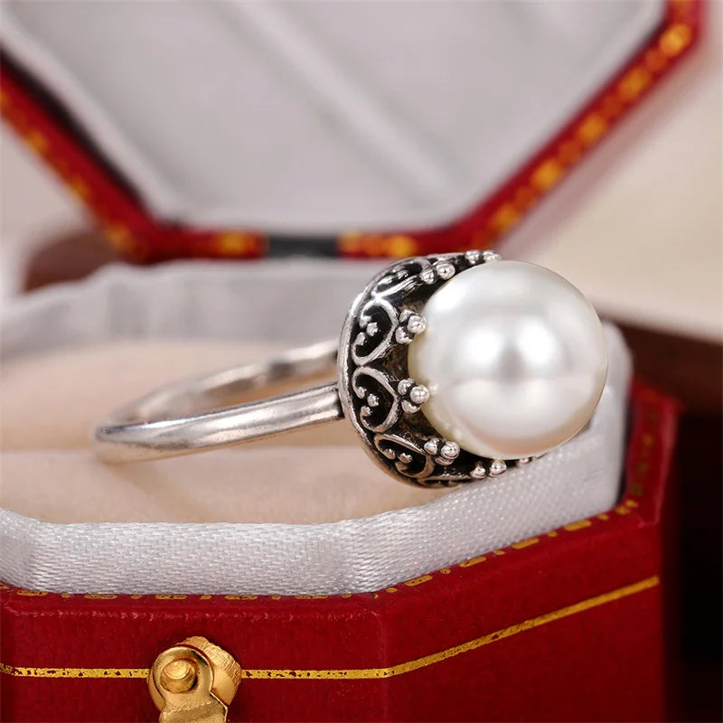 Huitan Vintage Imitation Pearl Ring Women – Antique Silver Fashion Pearl Ring Axl