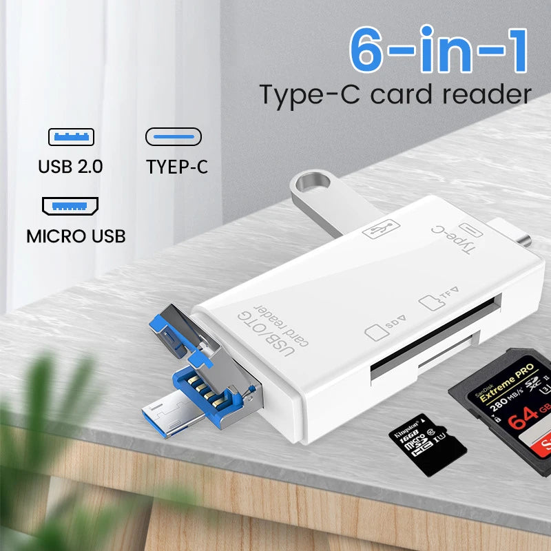 6-in-1 OTG Card Reader – USB-C, Micro USB, TF & SD Adapter OTG Card Reader Axl