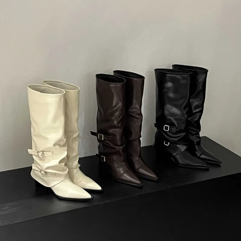 Women's Pointed Toe Block Heel Boots with Buckle Strap Women's Fashion Boots Axl