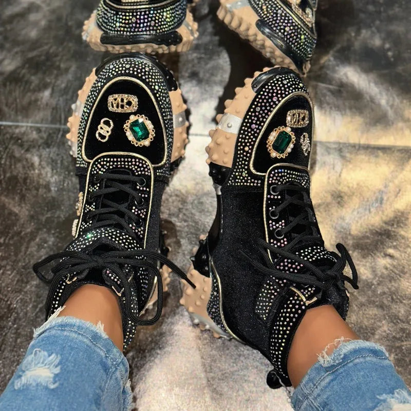 Women's Rhinestone High-Top Sneaker Boots | Thick Sole Lace-Up High-Top Sneaker Boots Axl