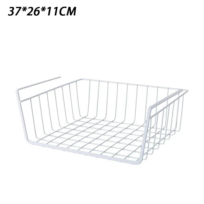No-Drill Under-Table Hanging Iron Storage Basket & Shelf Hanging Storage Basket Axl White L