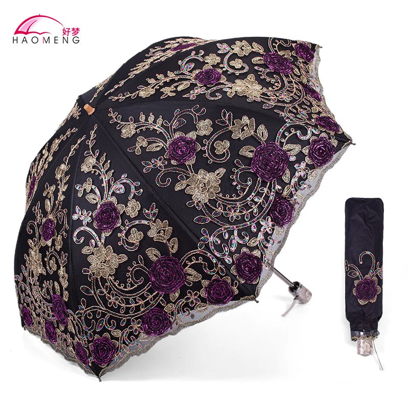 Women's Lace Embroidery Folding Parasol – UV & Rain Umbrella Folding Parasol Axl Style 6 Aluminum 8K