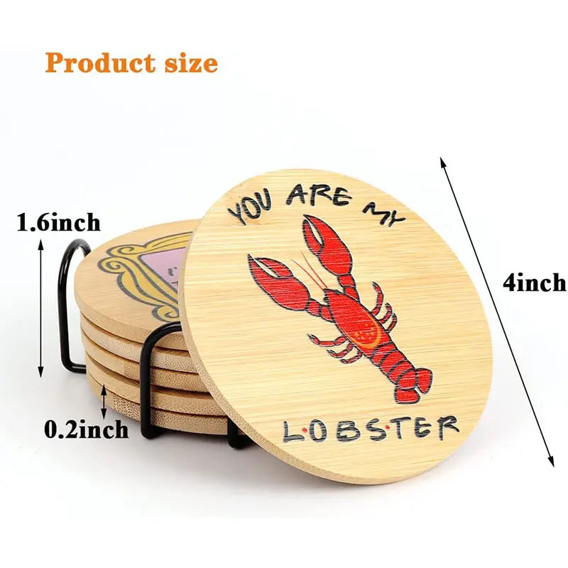 6-Piece Funny Wood Coasters with Holder – Cat & Lobster Design Wood Coaster Set Axl