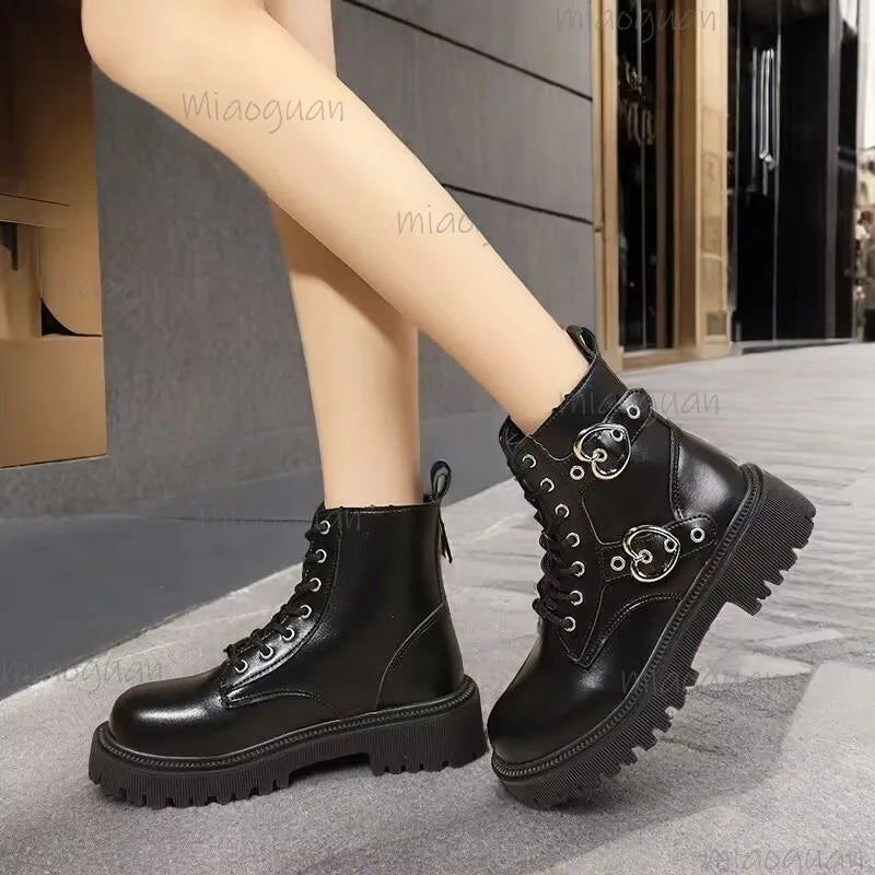 Women's Goth Platform Ankle Boots | Black Round Toe Plus Size Platform Ankle Boots Axl