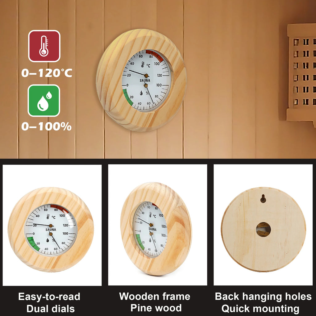 2-in-1 Wooden Sauna Thermometer & Hygrometer | Round Dial Sauna Thermometer Hygrometer Axl