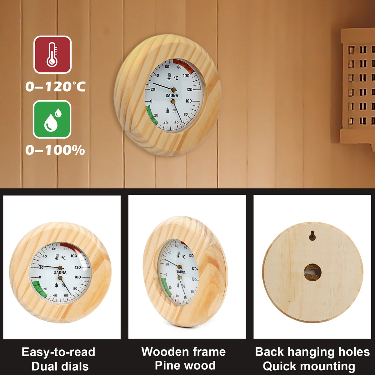2-in-1 Wooden Sauna Thermometer & Hygrometer | Round Dial Sauna Thermometer Hygrometer Axl