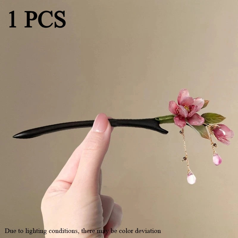 Floral Hair Stick – Chinese Style Pink Flower Tassel Hairpin Floral Hair Stick Axl flower-1pcs