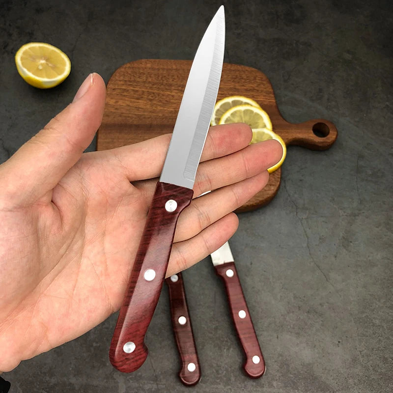 Stainless Steel Portable Fruit Knife – Wood-Look Handle | 19cm Kitchen & Outdoor Knife Axl