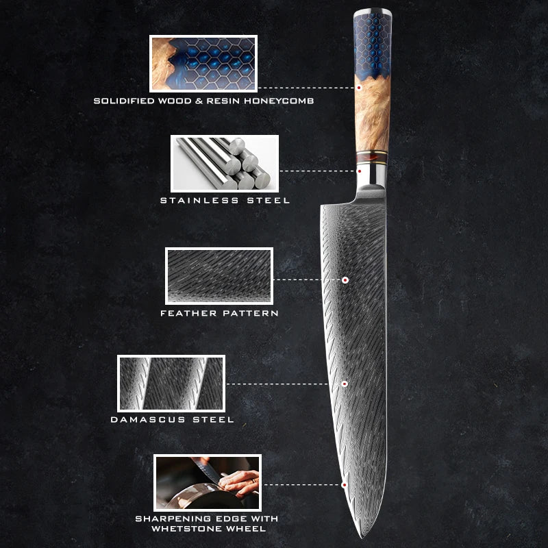 Damascus Knife Set AUS10 Japanese Steel – Honeycomb Handle Kitchen Knife Set Axl
