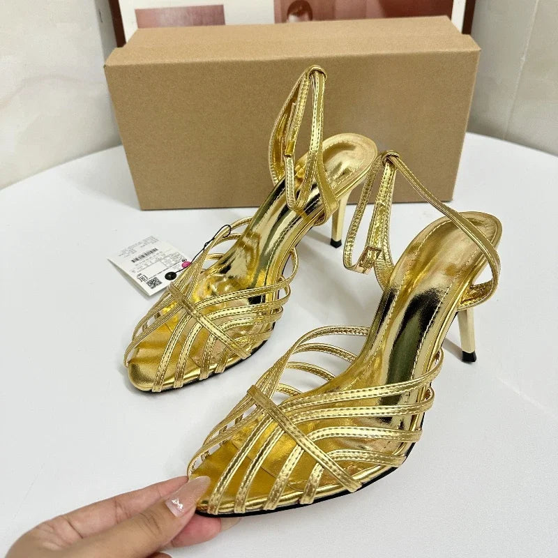 Women's Gold Gladiator Stiletto Sandals – Ankle Strap Heels Gladiator Stiletto Sandals Axl