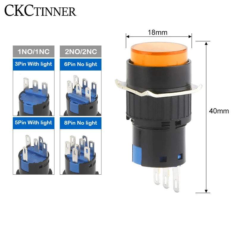 LA16 16mm Illuminated Push Button Switch 12V 24V 220V 5A Push Button Switch Axl round-yellow 2NC2NO 220 V|Self-locking