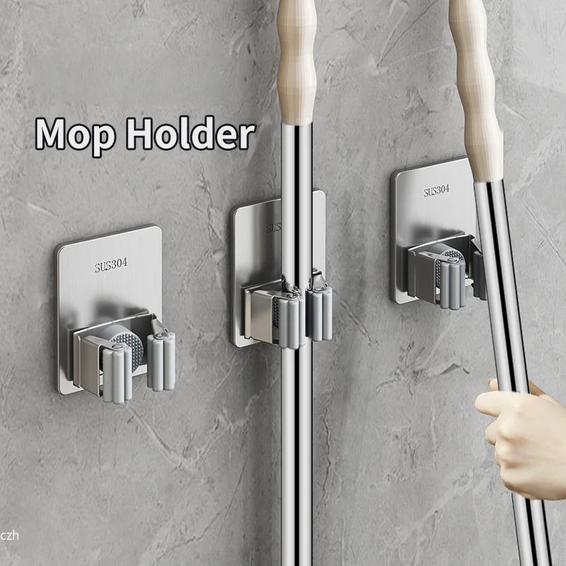 Wall Mounted Mop & Broom Holder – No-Nail Stainless Steel Wall Storage Rack Axl