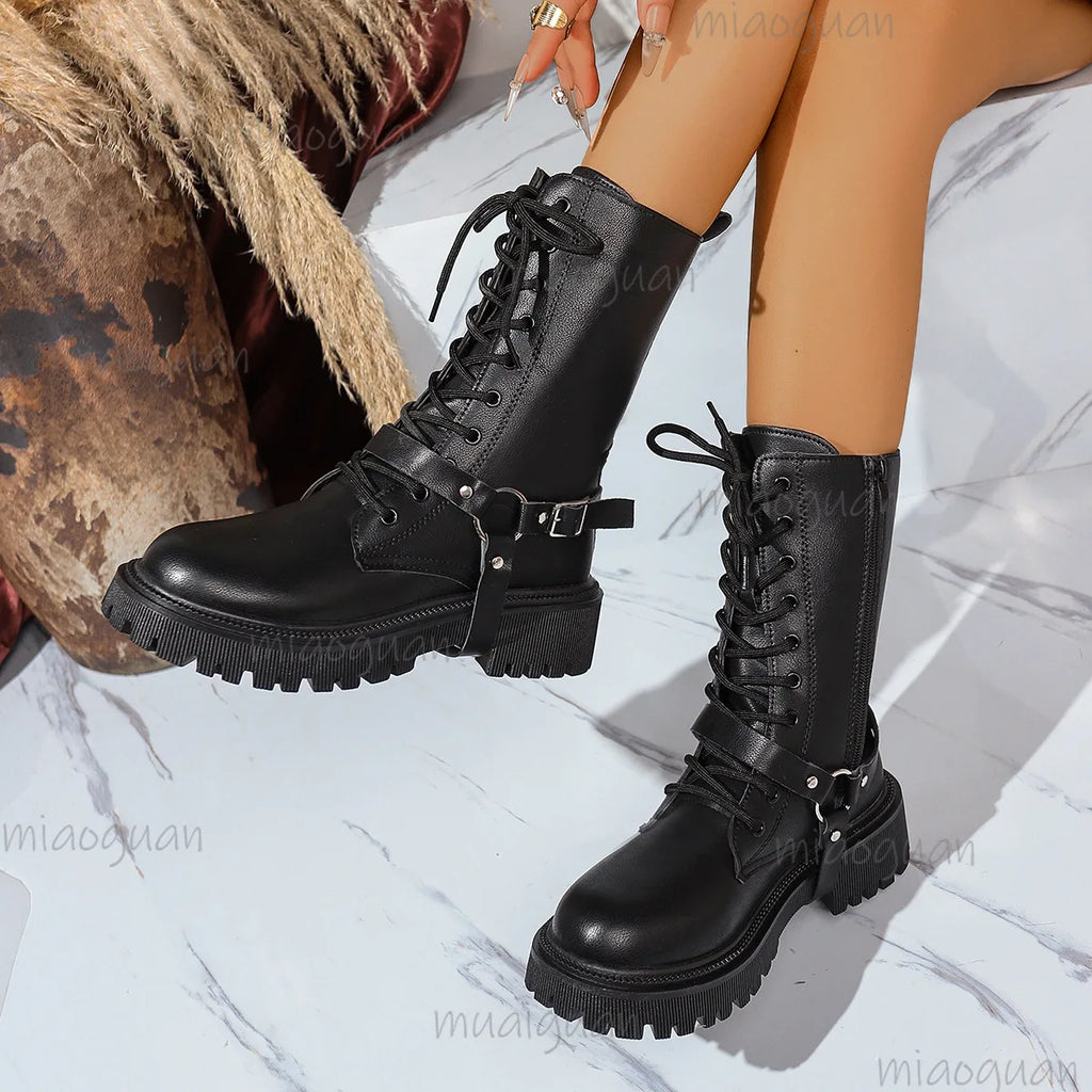 Women's Punk Mid-Calf Motorcycle Boots – Belt Buckle Zipper Mid-Calf Boots Axl