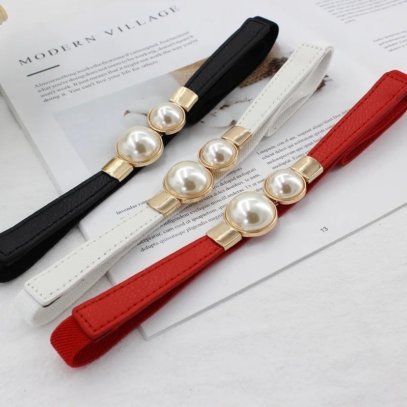 Pearl Buckle Elastic Waist Belt – PU Leather Women's Thin Belt Women's Waist Belt Axl