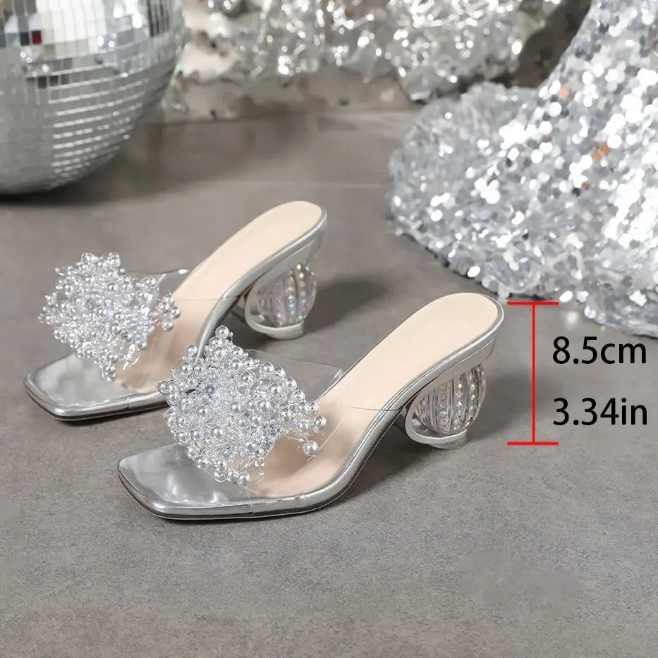 Women's Crystal Flower High Heel PVC Mule Sandals | Party Shoes High Heel Mule Sandals Axl